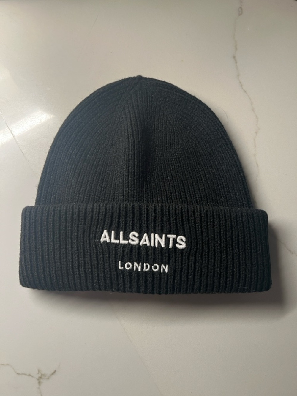 AllSaints Black Ribbed Logo Beanie